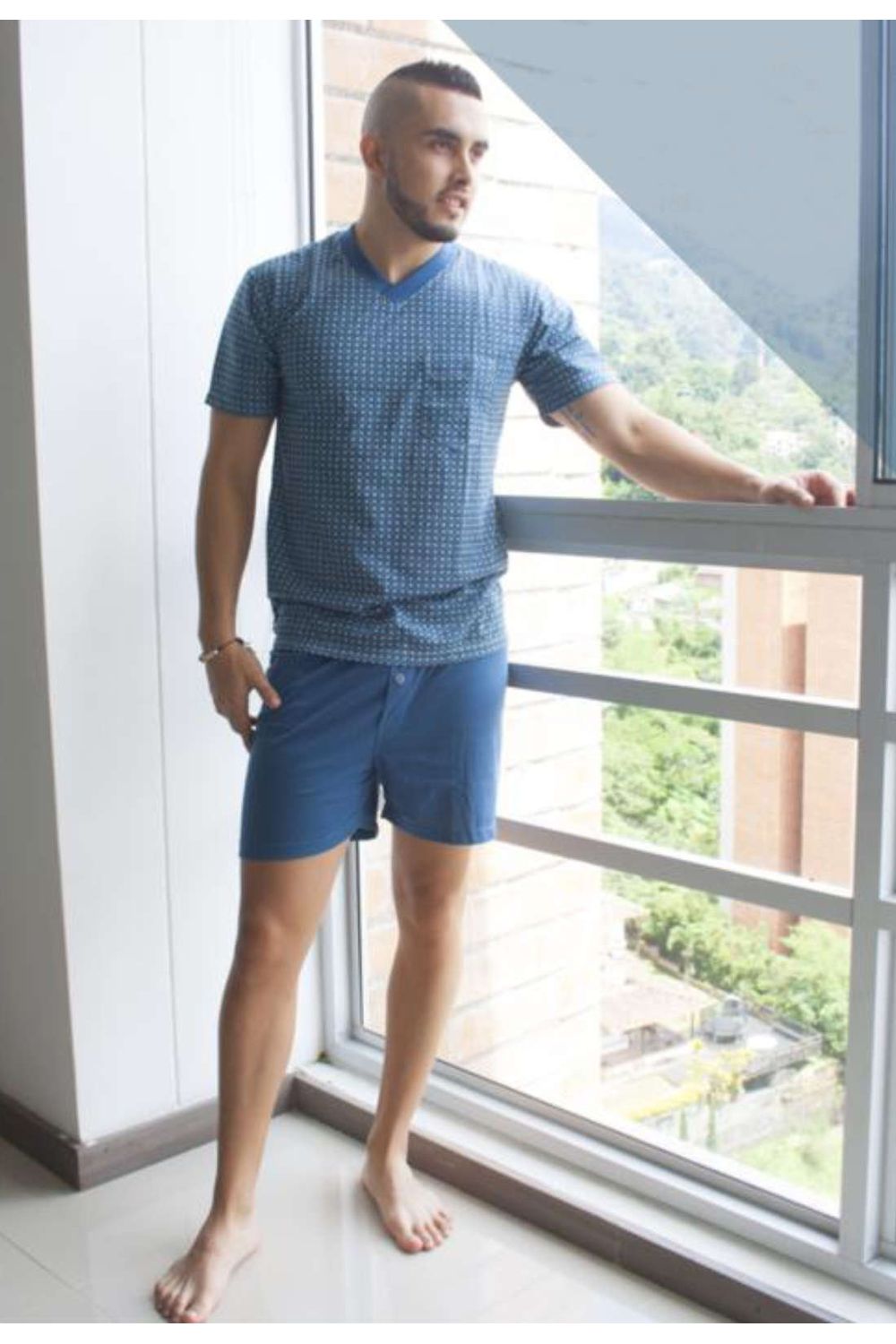 PIJAMA HOMBRE PANTALÓN CORTO MANGA CORTA BOLSILLO