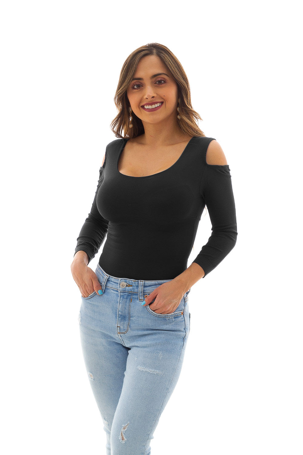 BLUSA MUJER REDUCTORA HOMBROS ABIERTOS MANGA LARGA UNICOLOR