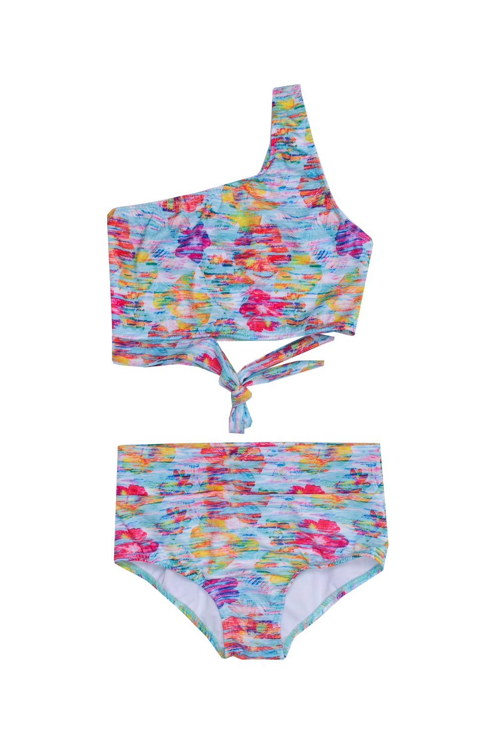TRAJE DE BAÑO NIÑA 2 PIEZAS TOP TERCIADO PANTY ALTO ESTAMPADO TROPICAL
