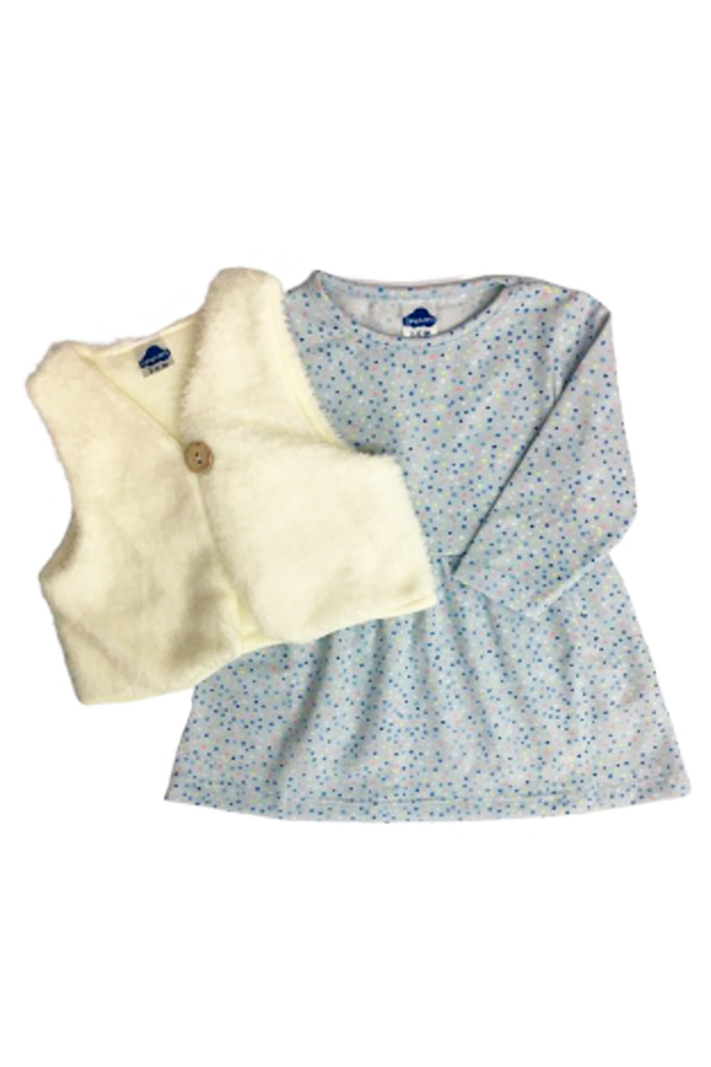 CONJUNTO BEBÉ VESTIDO MANGA LARGA Y CHALECO PELUCHE