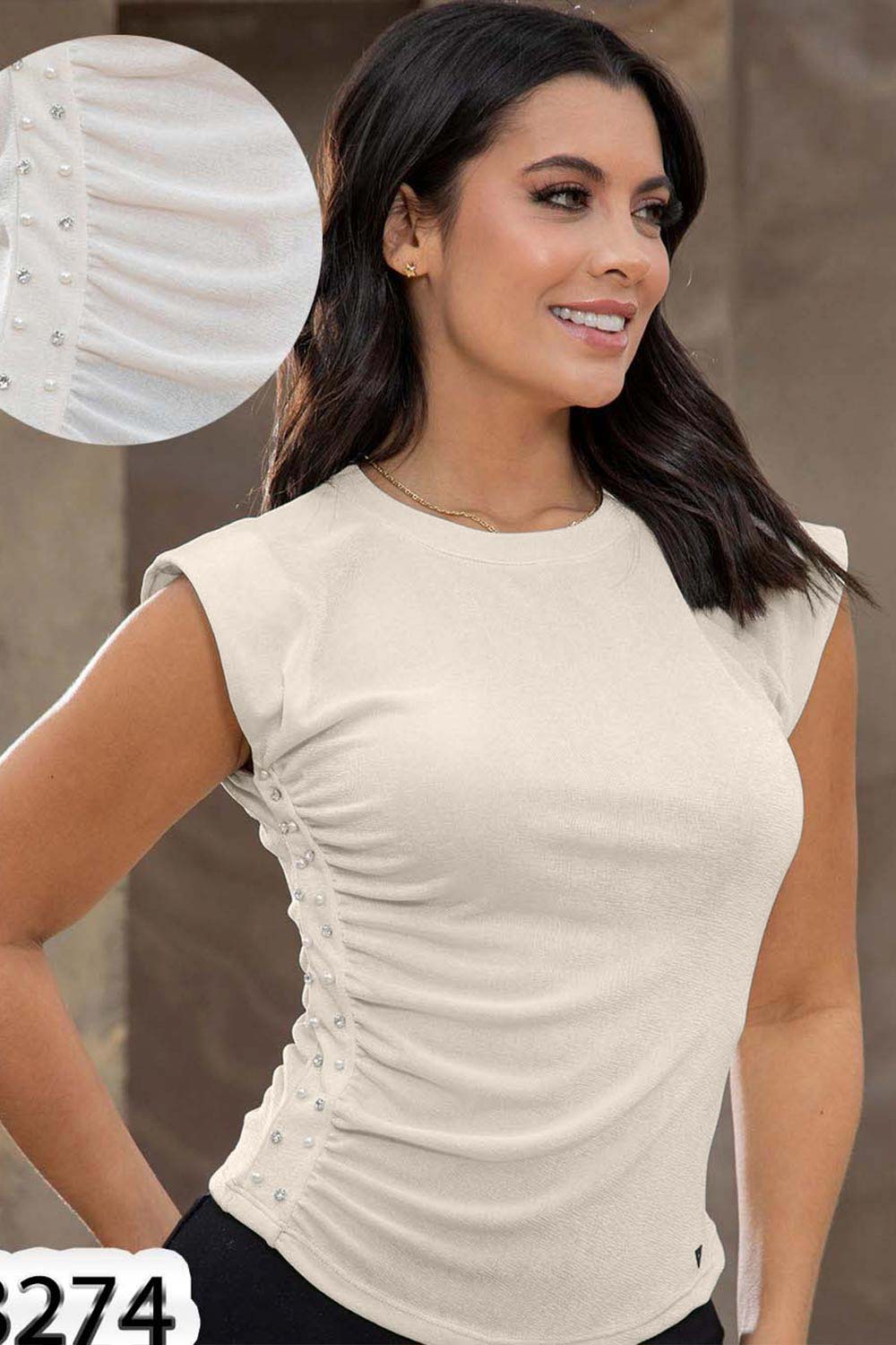 BLUSA MUJER RECOGIDO LATERAL CON BRILLOS Y PERLAS