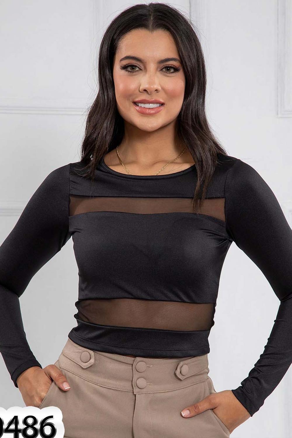 BLUSA MUJER UNICOLOR CON MALLA