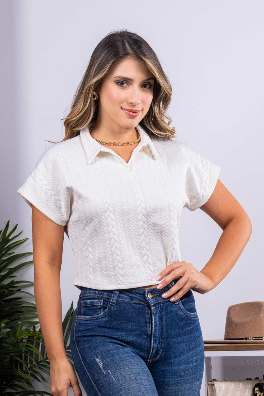 BLUSA MUJER TIPO POLO TELA CON TEXTURA