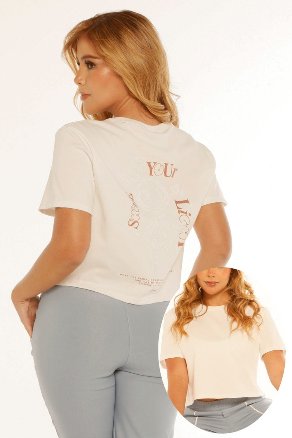 CAMISETA MUJER CORTA ESTAMPADO DELANTERO Y TRASERO