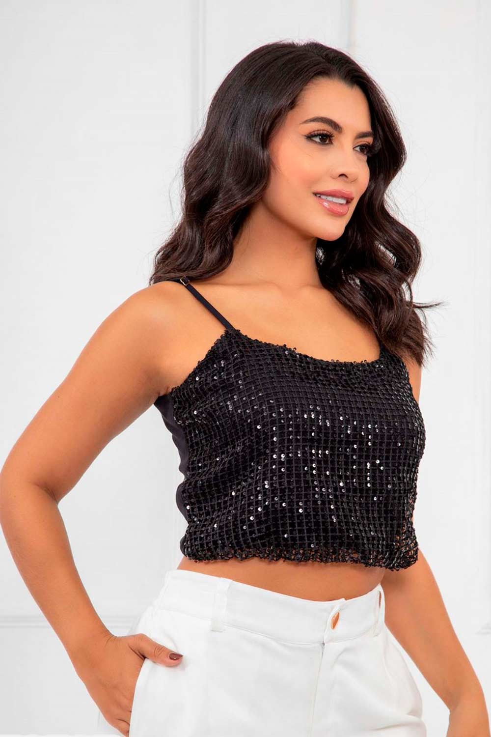 BLUSA MUJER CORTA EN LENTEJUELAS