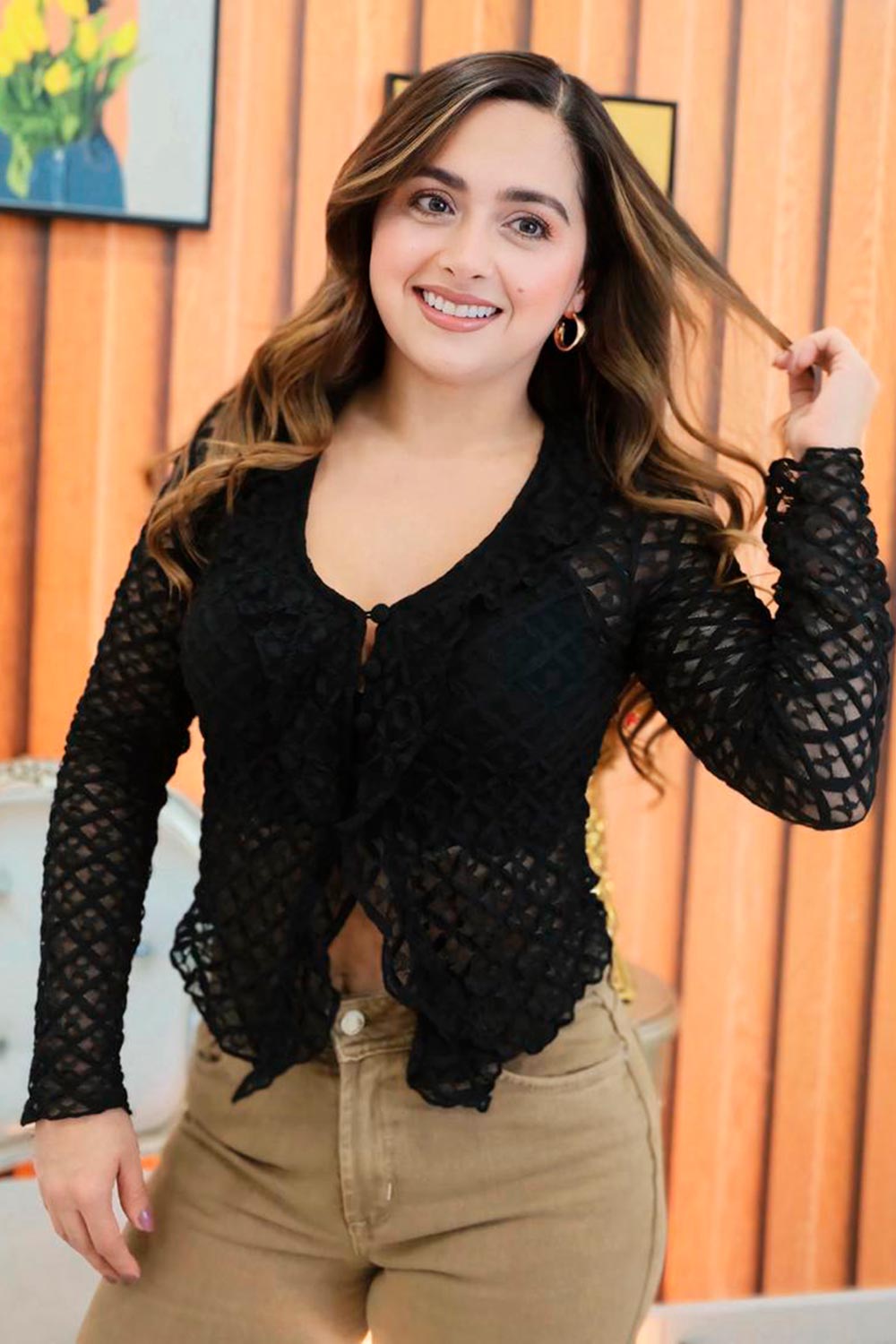 BLUSA MUJER ELEGANTE TEXTURA TRANSPARENTE